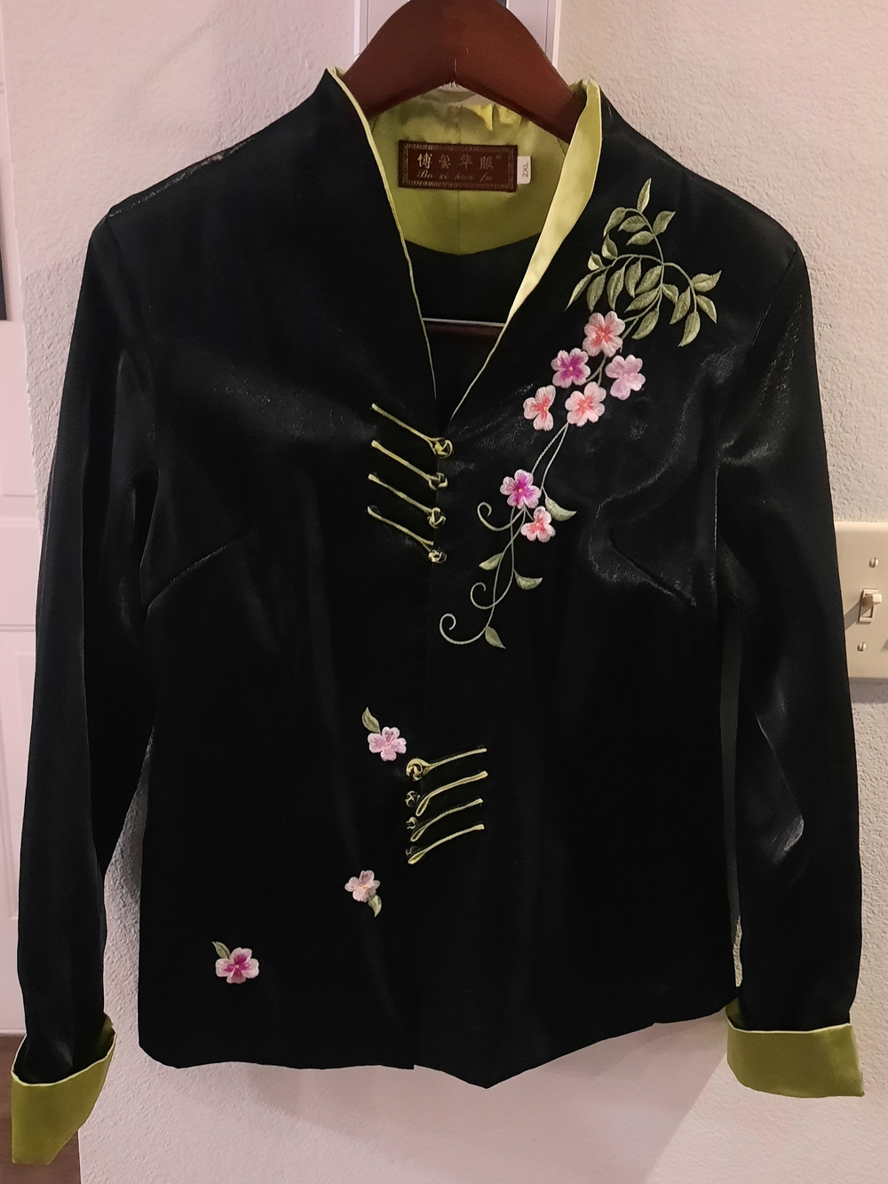 Embroidered Black Satin Mandarin Jacket with Pink Floral Detail